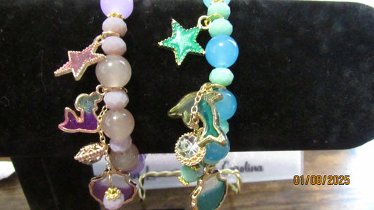 Ocean Themed Beaded Stretch Bracelet for Teens/Child, Dolphin or Mermaid