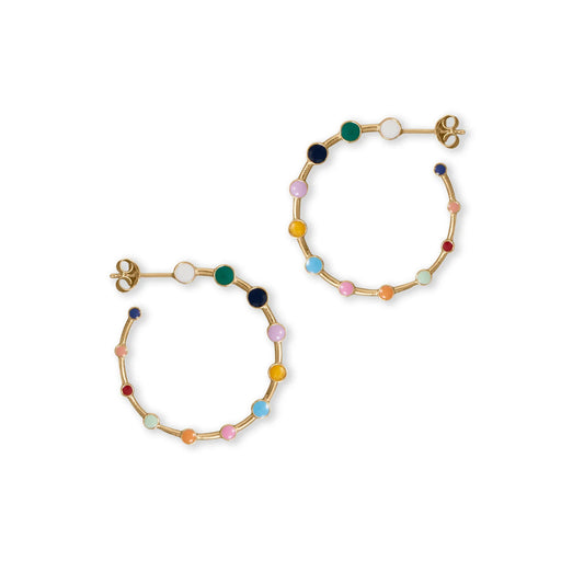 Hoop Earrings - 14K Gold Plated With Colorful Rainbow Enamel Dots