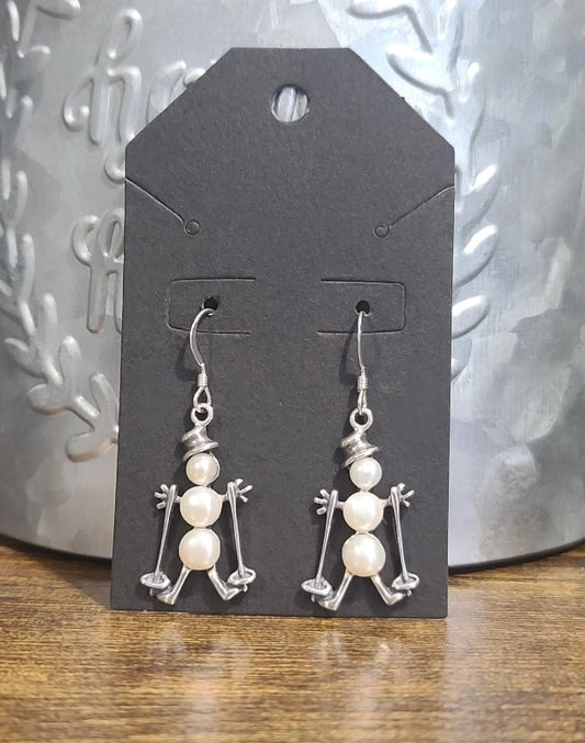 Handcrafted Sterling Silver Cultured Freshwater Pearl Skiing Snowman Earrings