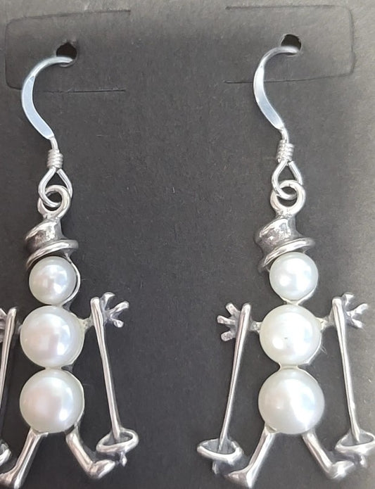 Handcrafted Sterling Silver Cultured Freshwater Pearl Skiing Snowman Earrings