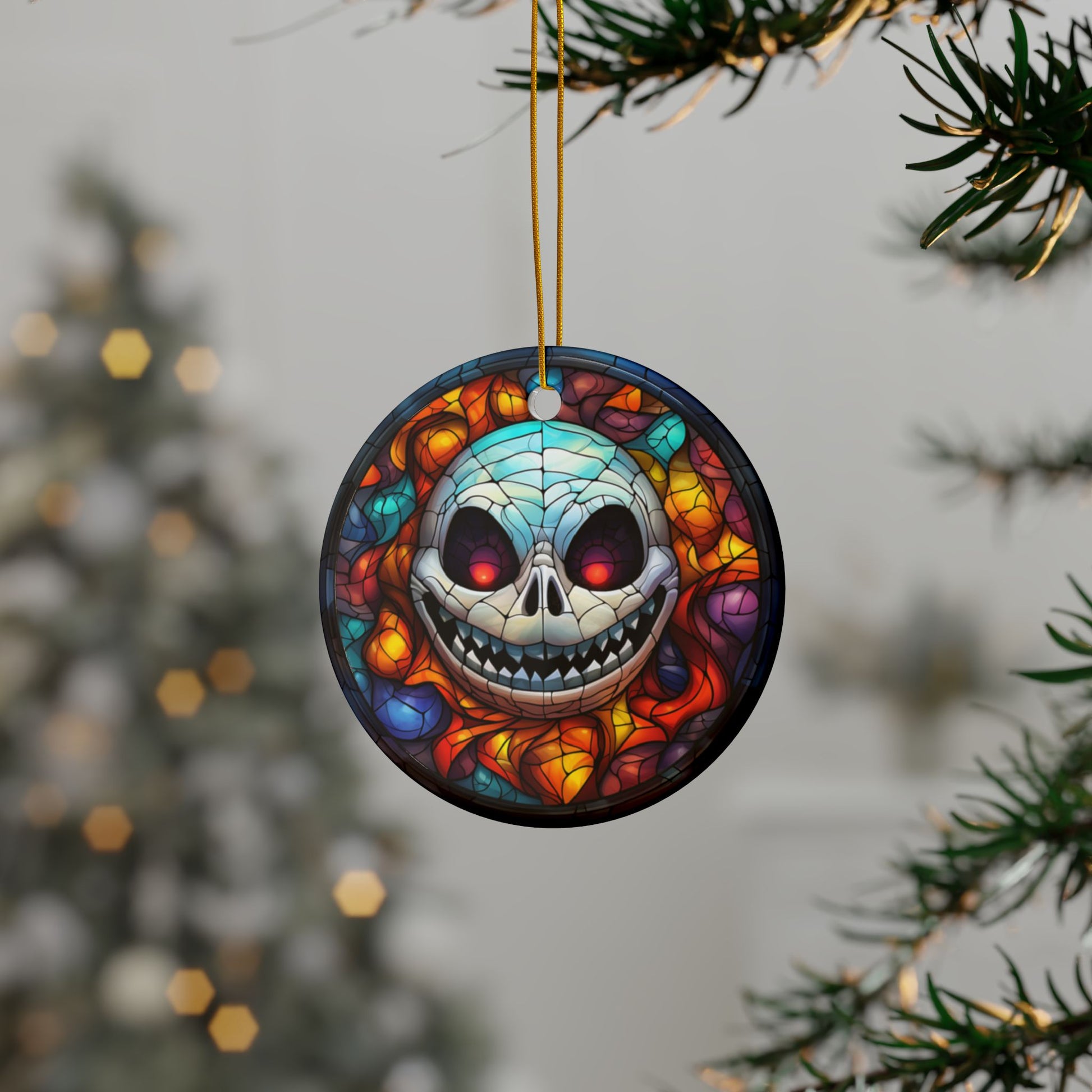 Colorful skull design ornament hanging on a tree branch with a blurred festive background.