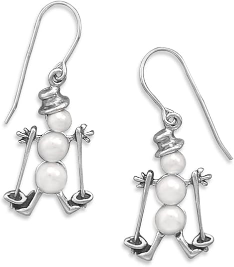 Handcrafted Sterling Silver Cultured Freshwater Pearl Skiing Snowman Earrings
