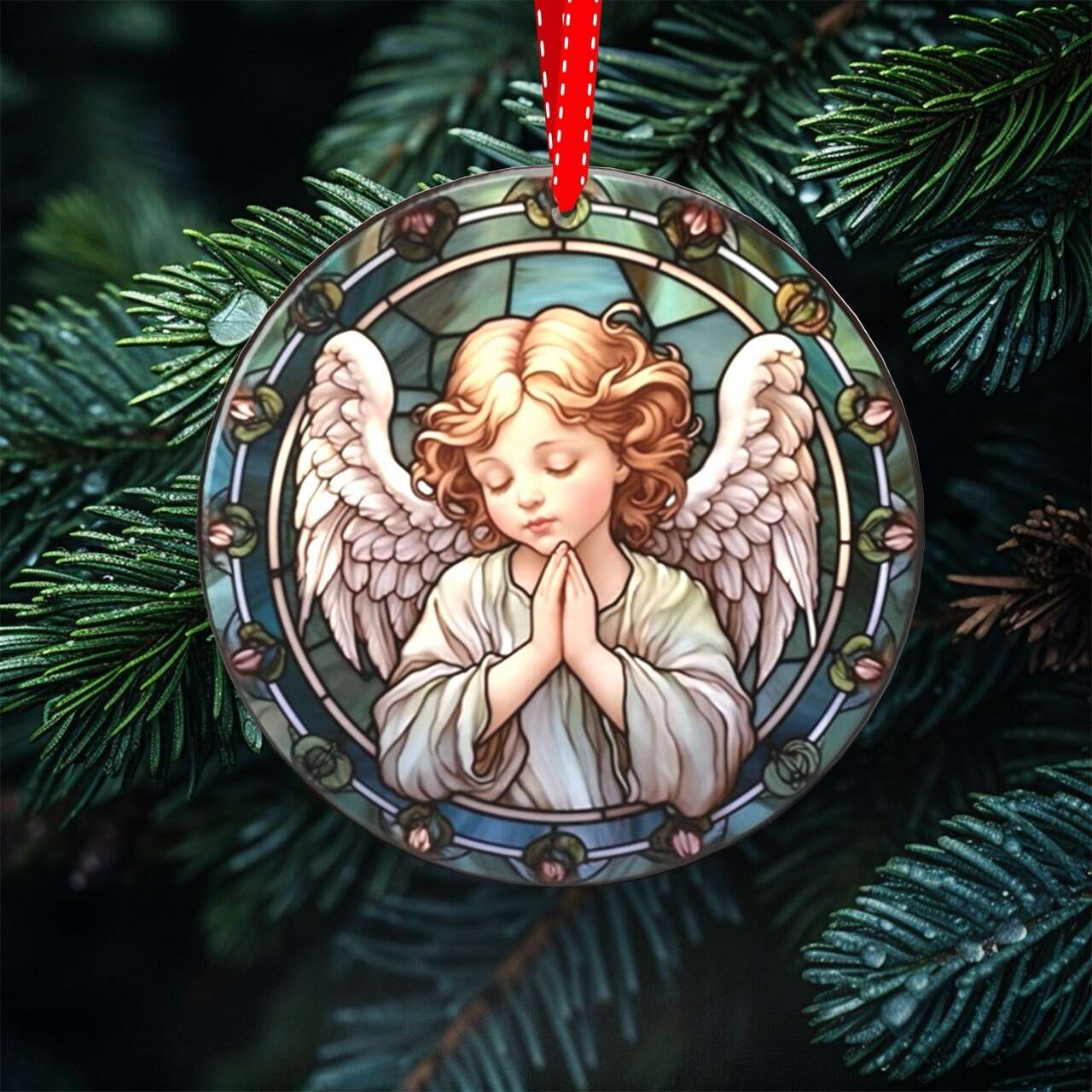 Heavenly Glow - Set of 7 Stained Glass Nativity Scene Ornaments, UV Printed Porcelain
