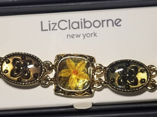 Vintage Gold Enamel Floral Medallion Link Bracelet by Liz Claiborne