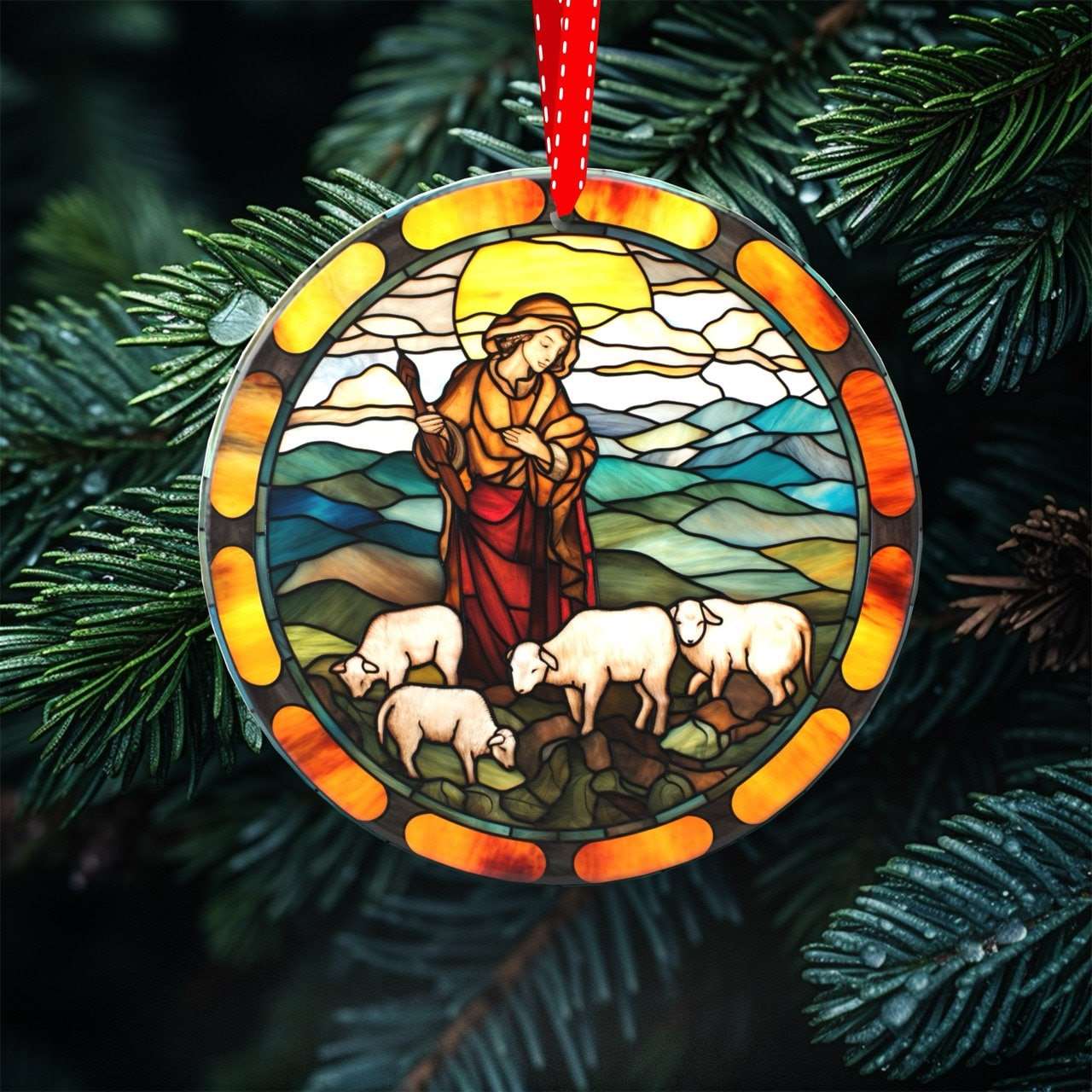 Heavenly Glow - Set of 7 Stained Glass Nativity Scene Ornaments, UV Printed Porcelain