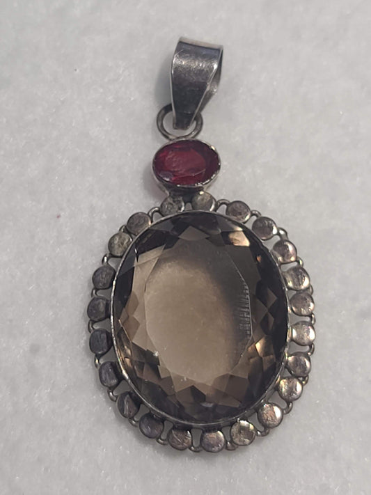 Vintage Sterling Silver, Smoky Quartz, and Garnet Pendant