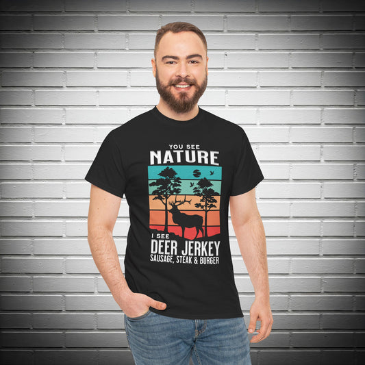 Nature vs Deer Jerky, Sausage, Steak, Burger T-Shirt