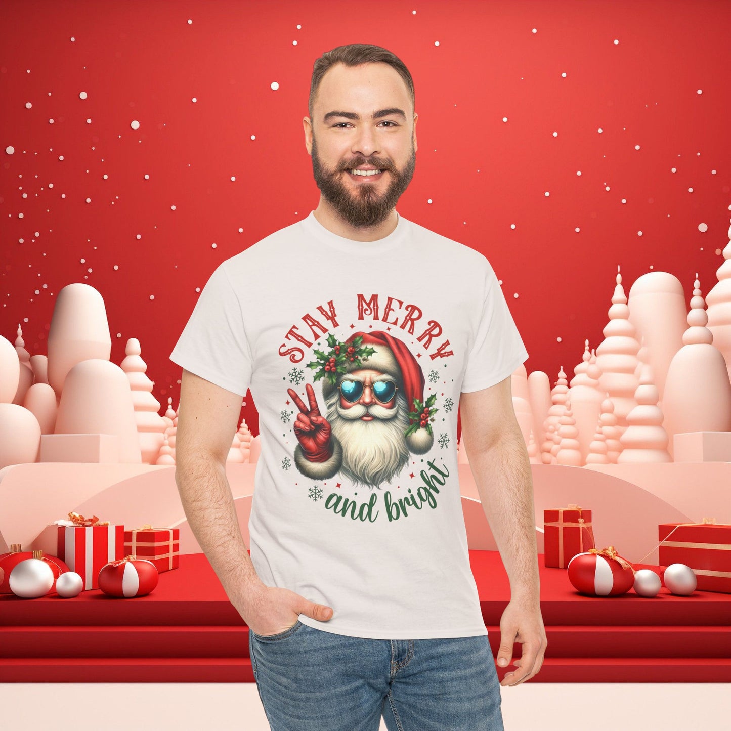 Stay Merry and Bright Holiday Vintage Santa Christmas Tee