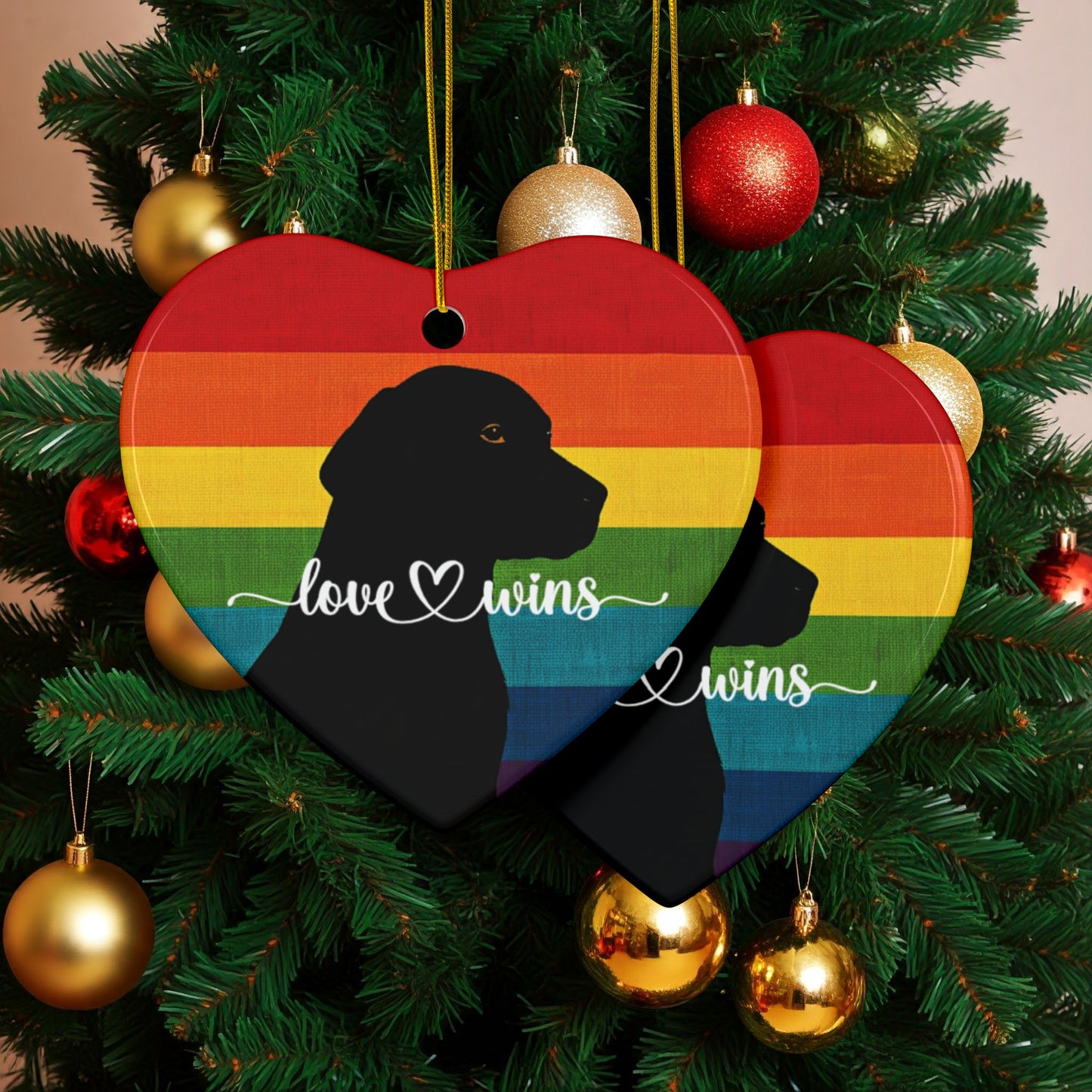 Love Wins Heart-Shaped Rainbow & Dog Christmas Tree Ornament