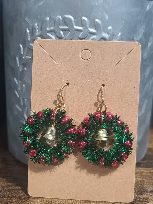 Earrings Gold Plated Green Christmas Wreath Bell