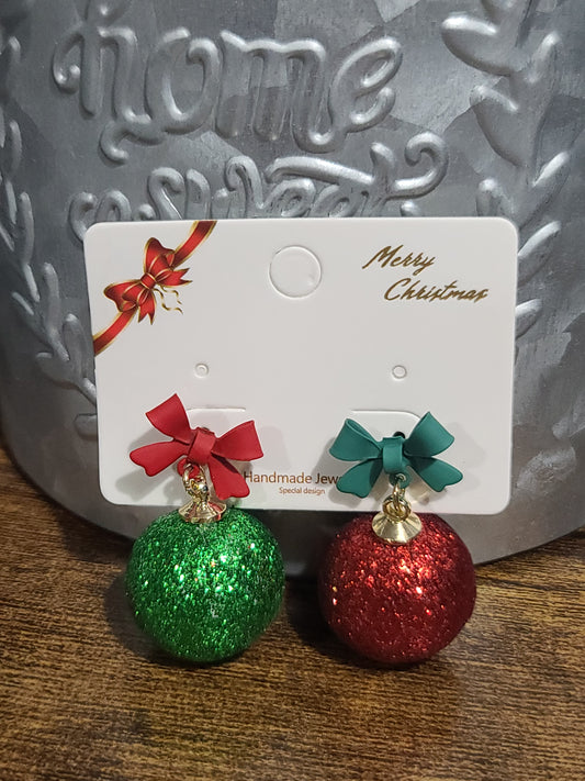 Christmas Asymmetric Earrings Red & Green Glitter Ball