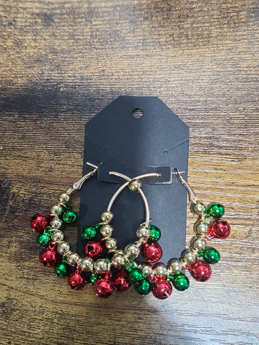 Gold Plated Red & Green Christmas Jingle Bell Hoop Earrings