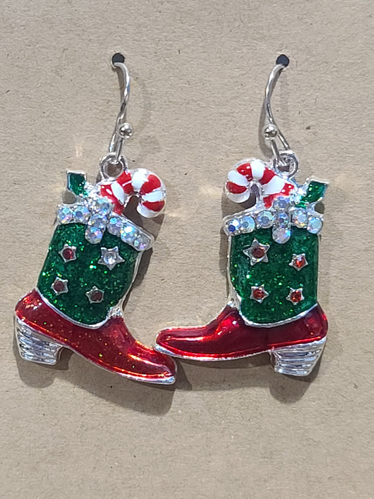 Silver Tone Christmas Cowgirl Boot Earrings