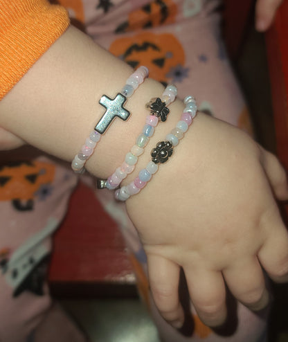 Little Girl's Three-Strand Handmade Stretch Beaded Bracelet Set with Cross, Flowers and Butterflies