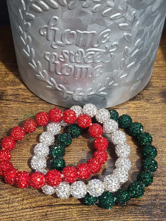 Three Strand Set of Christmas Bling Handmade Stretch Beaded Bracelets - Red, Green, Silver