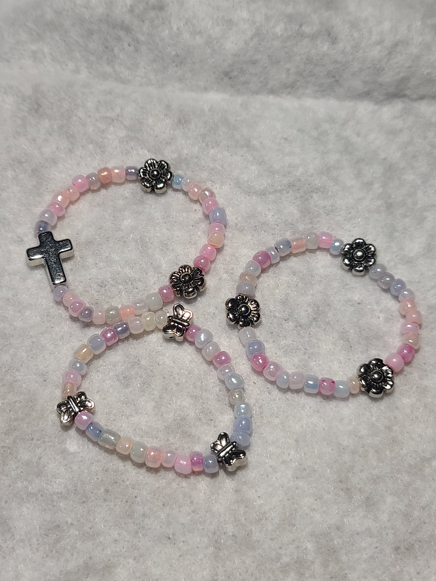 Little Girl's Three-Strand Handmade Stretch Beaded Bracelet Set with Cross, Flowers and Butterflies