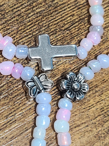 Little Girl's Three-Strand Handmade Stretch Beaded Bracelet Set with Cross, Flowers and Butterflies