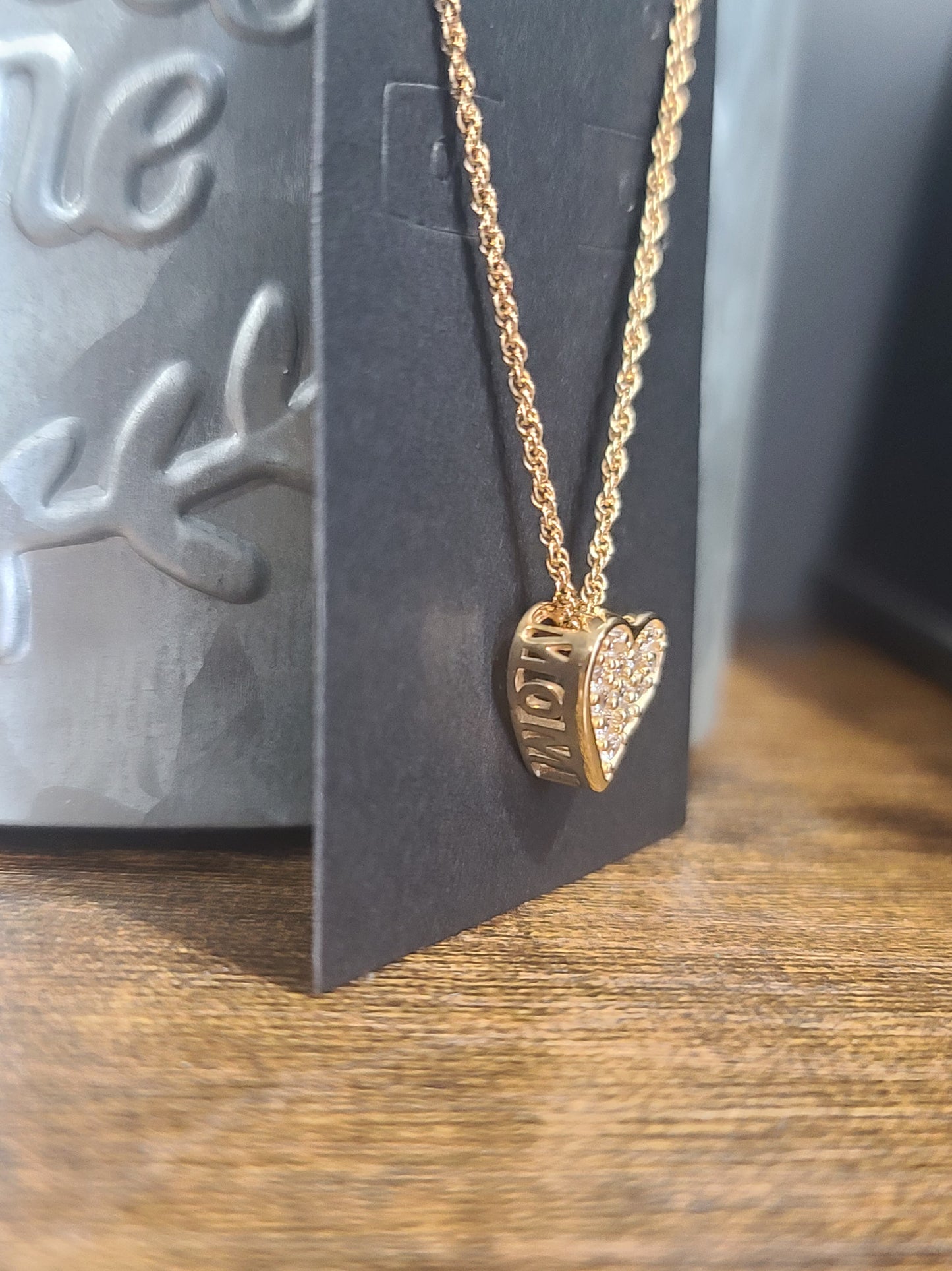 14 Karat Gold Plated Pave CZ Heart "MOM" Necklace