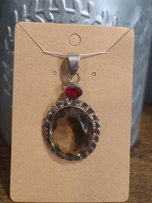 Vintage Sterling Silver, Smoky Quartz, and Garnet Pendant