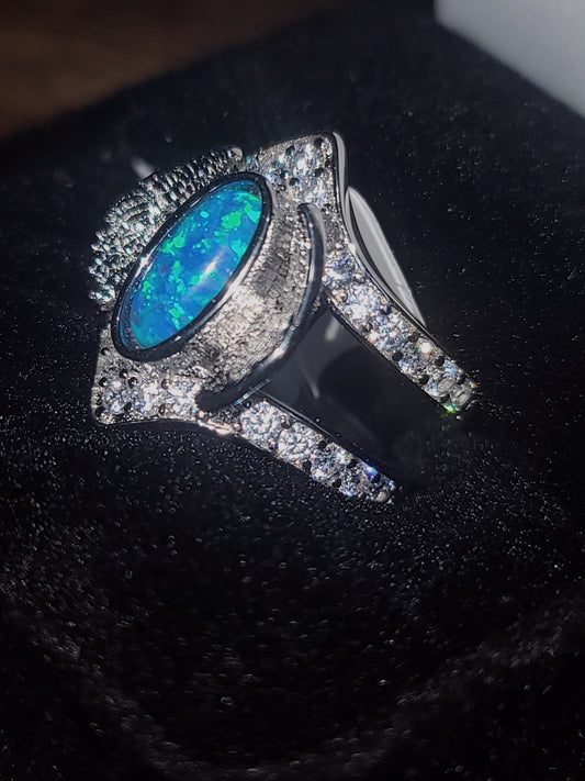 Rhodium Plated Sterling Silver Double Band CZ Angel Wing Ring with Blue Opal Stone, Size 5