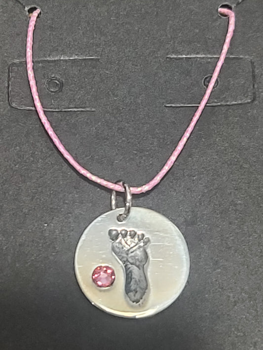 Sterling Silver Baby Girl Footprint Charm with Pink Crystal