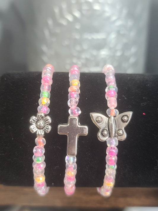 Little Girl's Three-Strand Handmade Stretch Beaded Bracelet Set with Cross, Flower and Butterfly