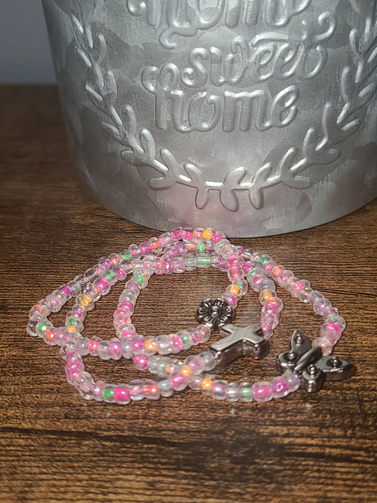 Little Girl's Three-Strand Handmade Stretch Beaded Bracelet Set with Cross, Flower and Butterfly