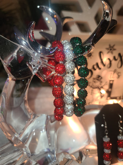 Three Strand Set of Christmas Bling Handmade Stretch Beaded Bracelets - Red, Green, Silver