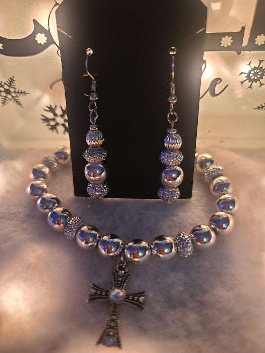 Handmade Silver Beaded Stretch Bracelet and Earring Set