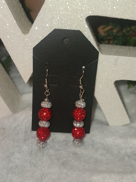 Christmas Bling Handmade Earrings - Red and Silver Rhinestones