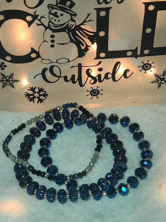 Handmade Blue Stretch Glass Beaded Bracelet Set of 3