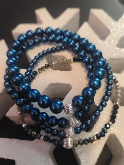 Handmade Stretch Blue Faux Pearl Beaded Bracelet Set of 4