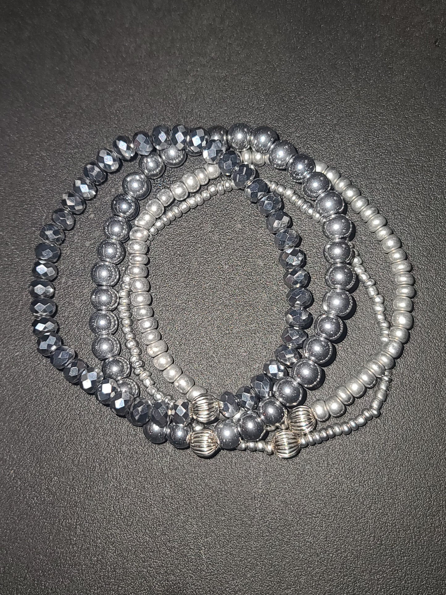 Handmade Stretch Metallic Silver Beaded Bracelet Set of 4