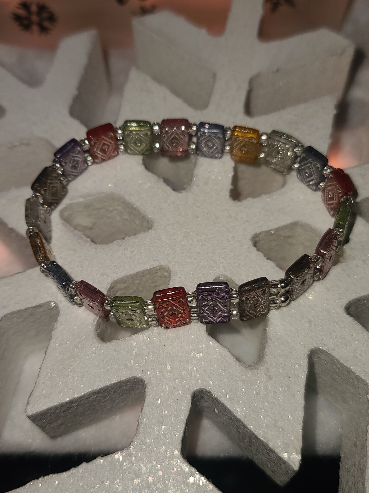 Handmade Stretch Rectangle Acrylic Beaded Bracelet with Crystal Accents