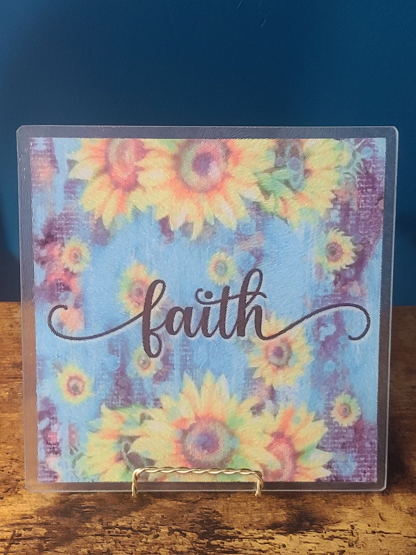 Faith & Sunflowers Square Glass Trivet or Cutting Board