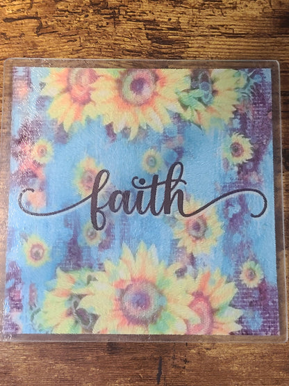 Faith & Sunflowers Square Glass Trivet or Cutting Board