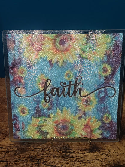 Faith & Sunflowers Square Glass Trivet or Cutting Board