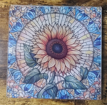 Sunflower Stained Glass Look Square Glass Trivet or Cutting Board