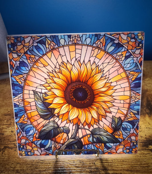 Sunflower Stained Glass Look Square Glass Trivet or Cutting Board