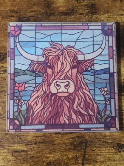 Highland Cow Stained Glass Look Square Glass Trivet or Cutting Board