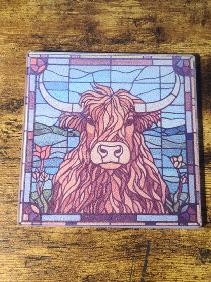 Highland Cow Stained Glass Look Square Glass Trivet or Cutting Board