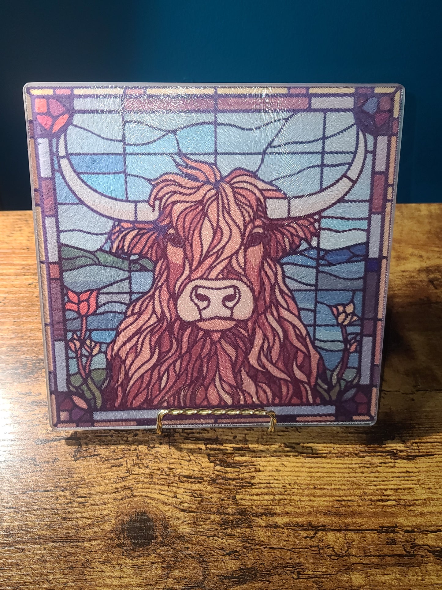 Highland Cow Stained Glass Look Square Glass Trivet or Cutting Board