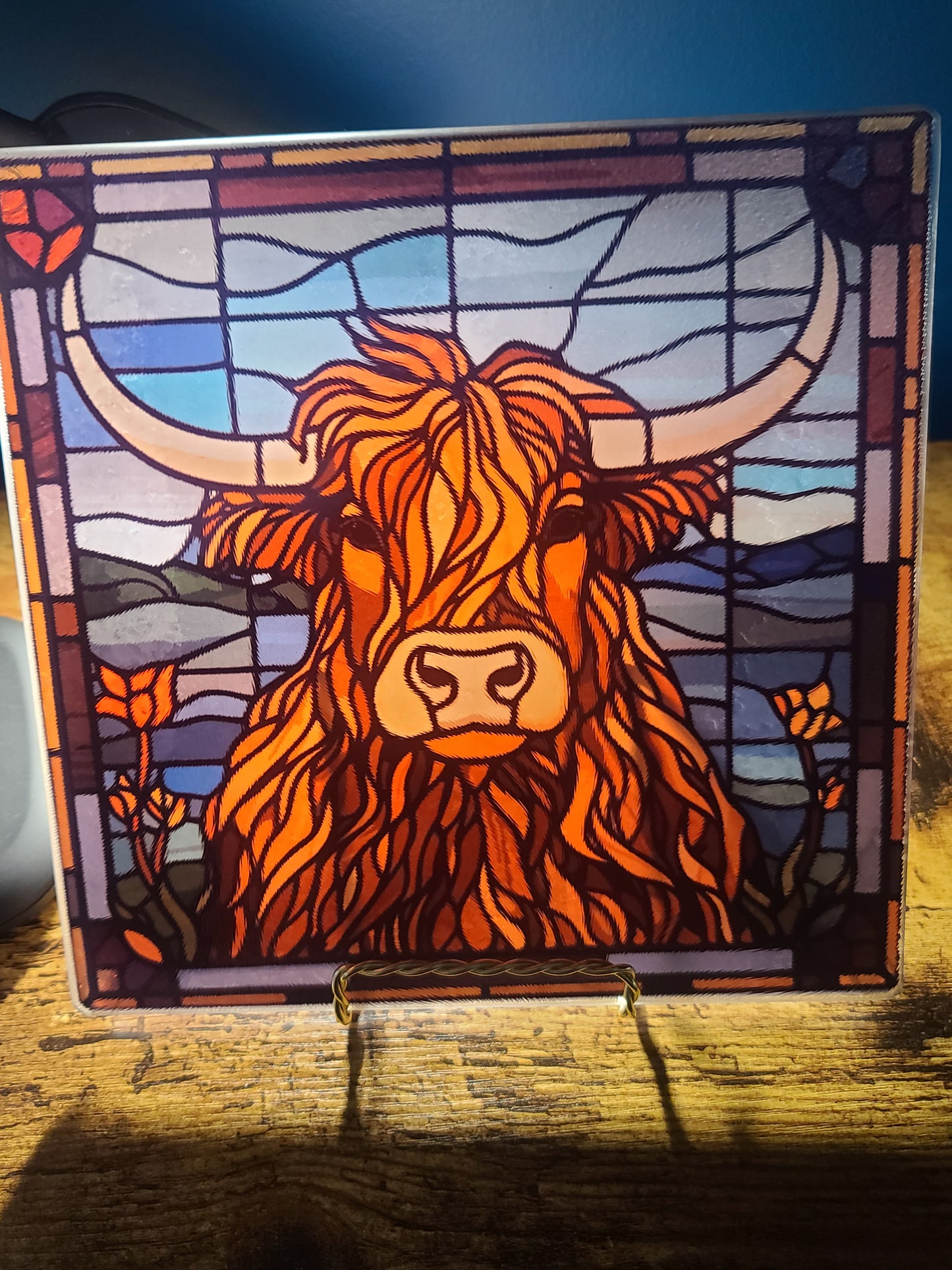 Highland Cow Stained Glass Look Square Glass Trivet or Cutting Board