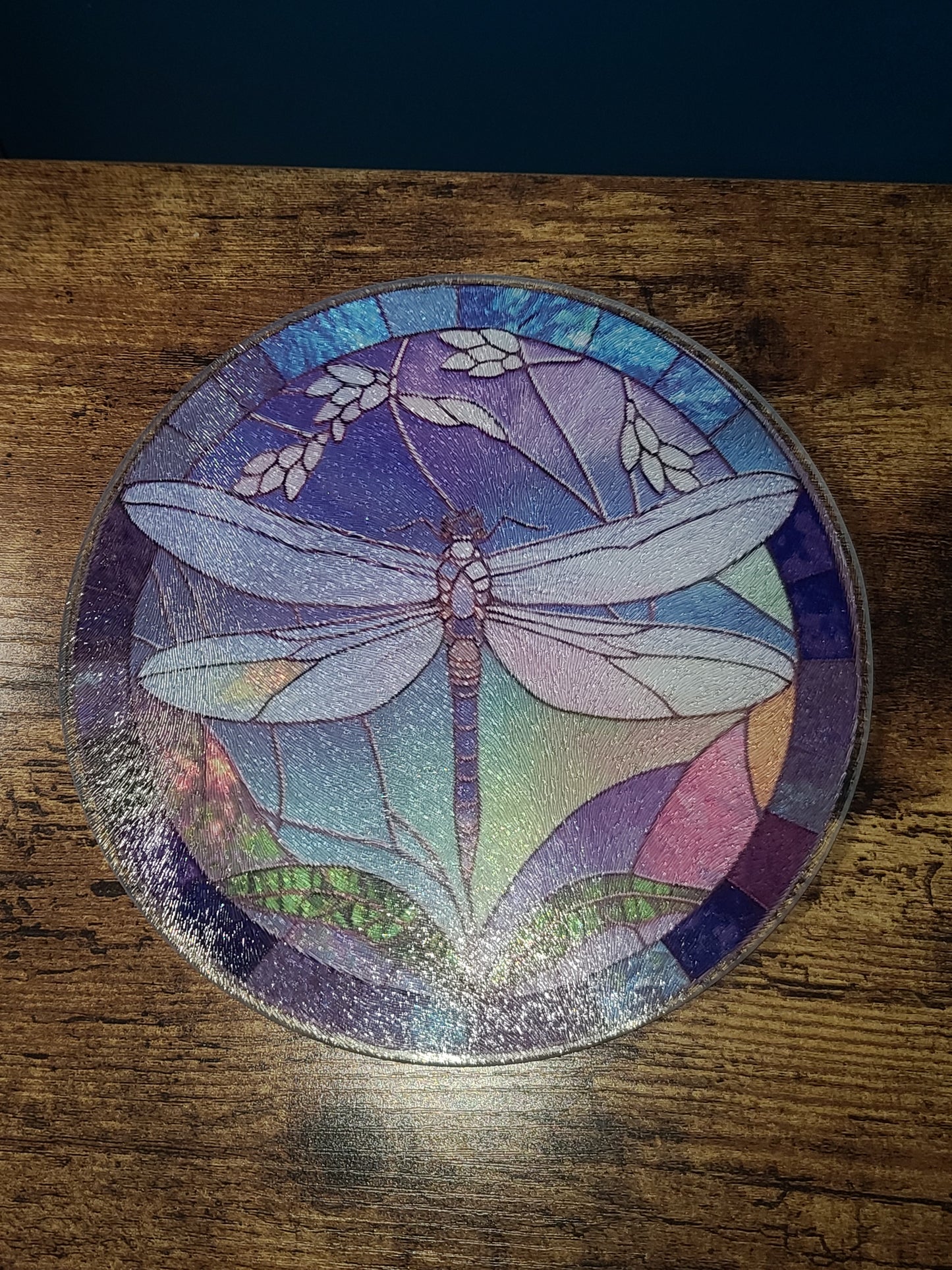 Dragonfly Stained Glass Look Square Glass Trivet or Cutting Board