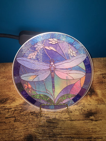 Dragonfly Stained Glass Look Square Glass Trivet or Cutting Board