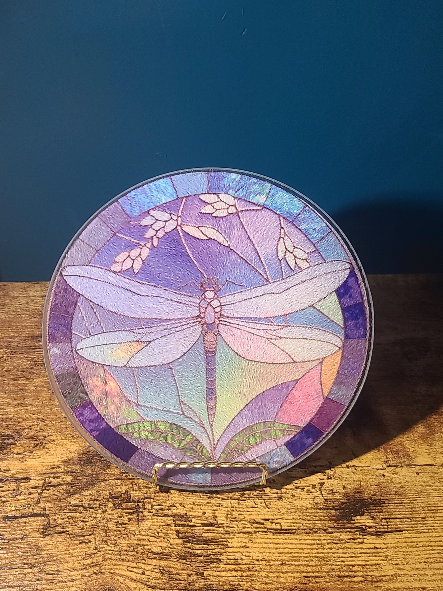 Dragonfly Stained Glass Look Square Glass Trivet or Cutting Board