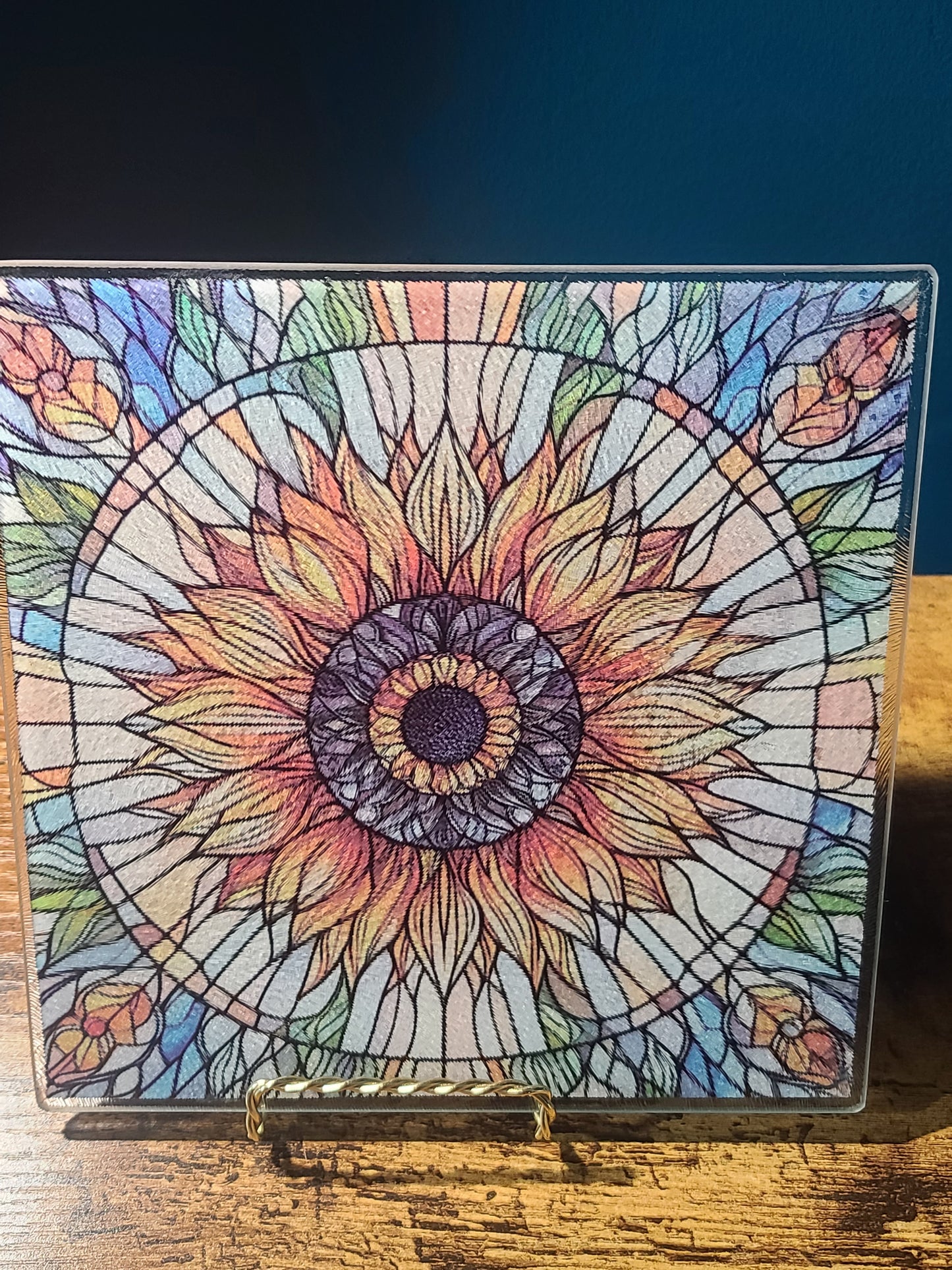 Sunflower Stained Glass Look Square Glass Trivet or Cutting Board