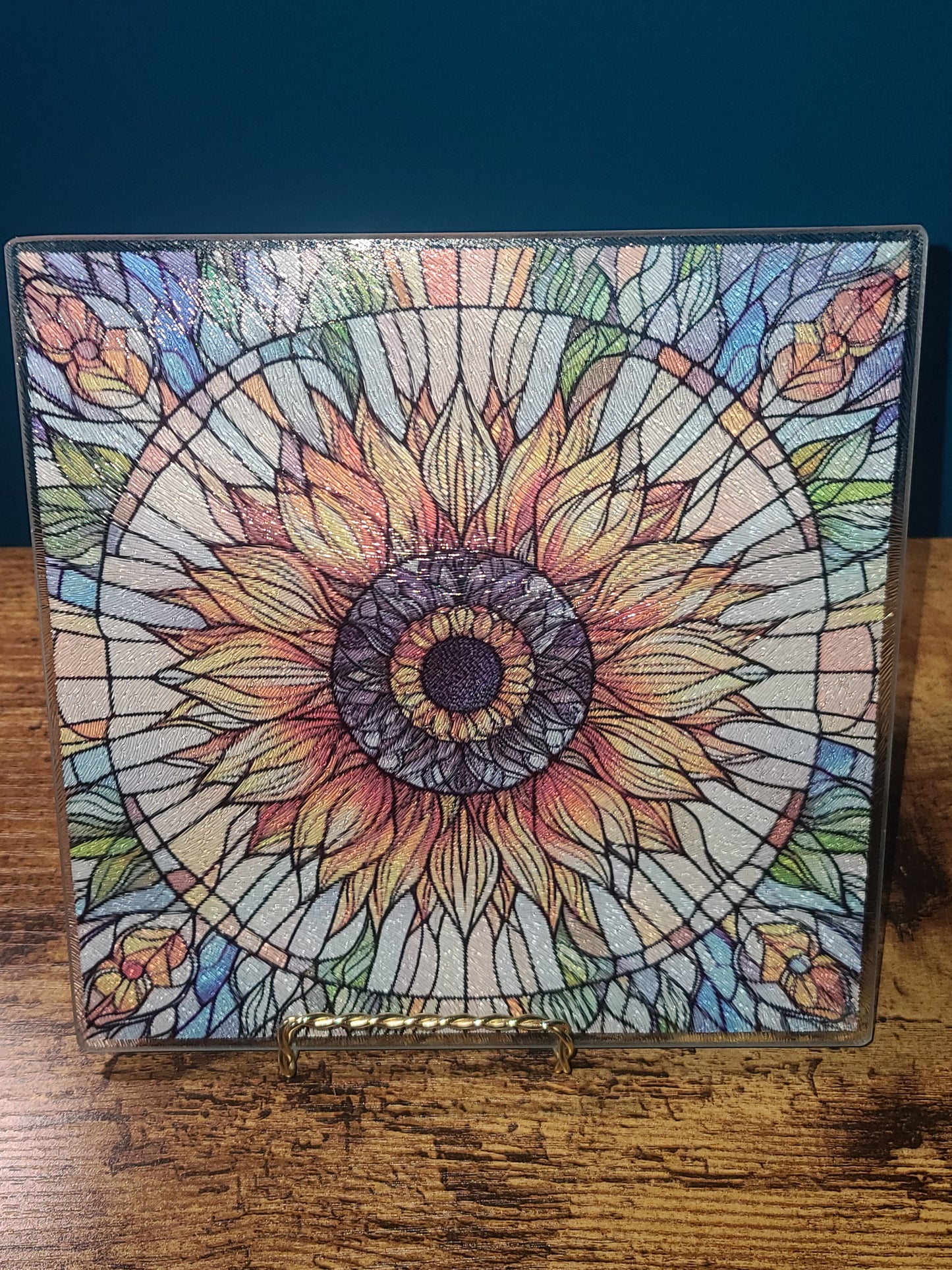 Sunflower Stained Glass Look Square Glass Trivet or Cutting Board