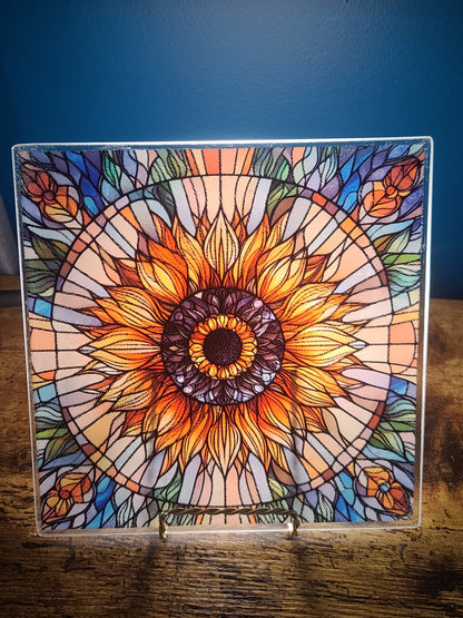 Sunflower Stained Glass Look Square Glass Trivet or Cutting Board