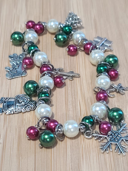 Christmas Bling Stretch Beaded Glass Pearl Bracelet with Charms